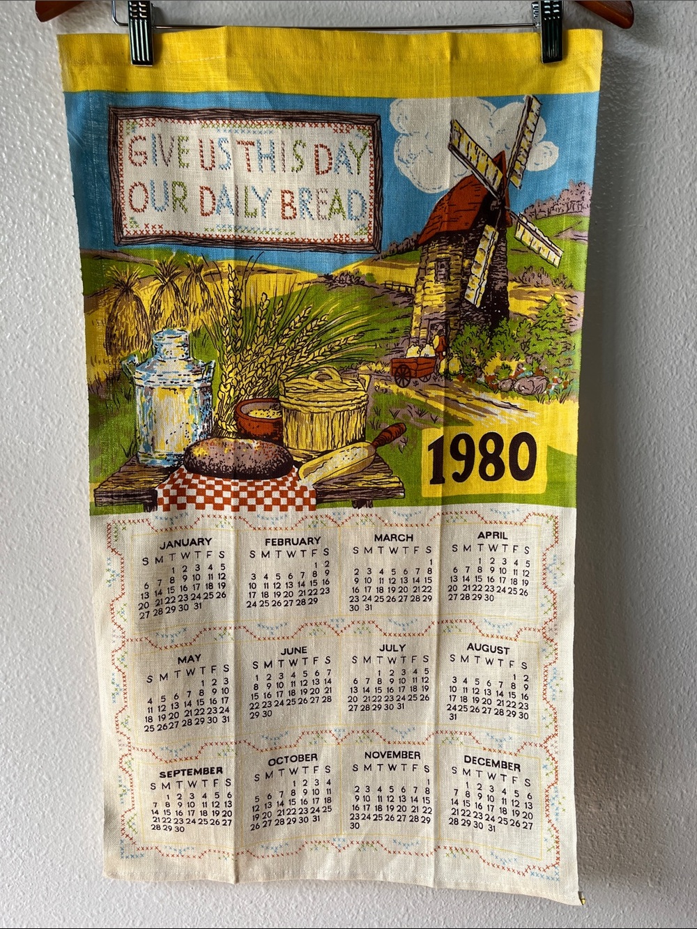 Vintage Tea Towel Fabric Wall Hanging 1980 Yearly Calendar Daily Bread